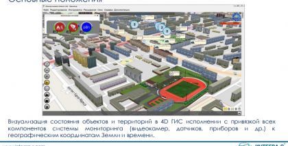 Визуализация состояния объектов и территорий в 4D ГИС исполнении с привязкой всех компонентов системы мониторинга (видеокамер, датчиков, приборов и др.) к географическим координатам Земли и времени.