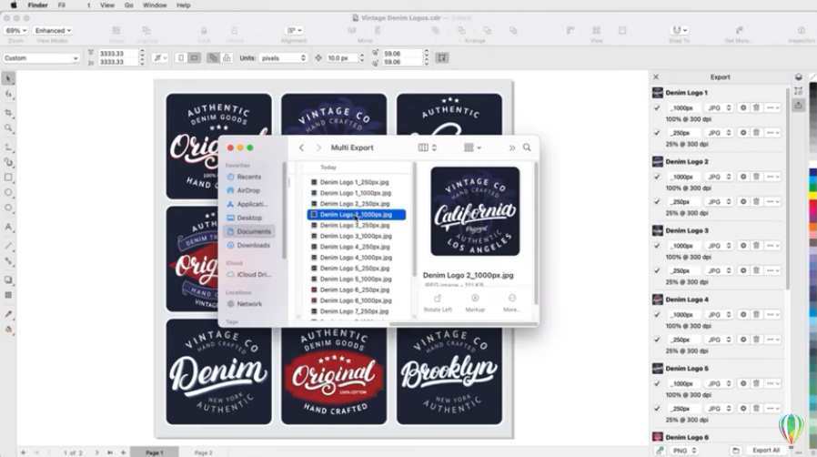Как одновременно экспортировать множественные ресурсы проекта | Mac. Научитесь создавать свои собственные экспортные списки ресурсов. Новое окно настройки «Экспорт» предлагает гибкие и эффективные (в один клик) опции вывода объектов и страниц. Corel, Купить CorelDRAW Graphics Suite, Как одновременно экспортировать множественные ресурсы проекта, © 2021 Corel Corporation
