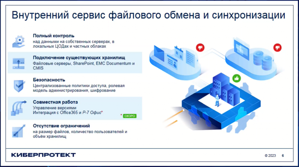 В конце 2022 г. Киберпротект представил российскому рынку Кибер Файлы - программный комплекс класса Enterprise File Sync&Share (EFSS) для организаций любого размера и типа, обеспечивающий простой, надежный и безопасный обмен информацией между сотрудниками, партнерами, поставщиками и клиентами организации