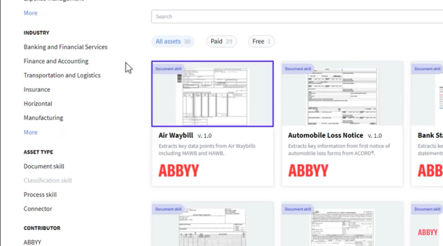 Как пользоваться ABBYY Marketplace - Видеоурок. Посмотрите это видео и узнайте, как пользоваться ABBYY Marketplace. ABBYY Marketplace-это онлайн-цифровой рынок, где ABBYY, ABBYY partners и другие участники могут публиковать навыки и технологические активы (такие как коннекторы и пользовательские действия), расширяющие возможности ABBYY Vantage.