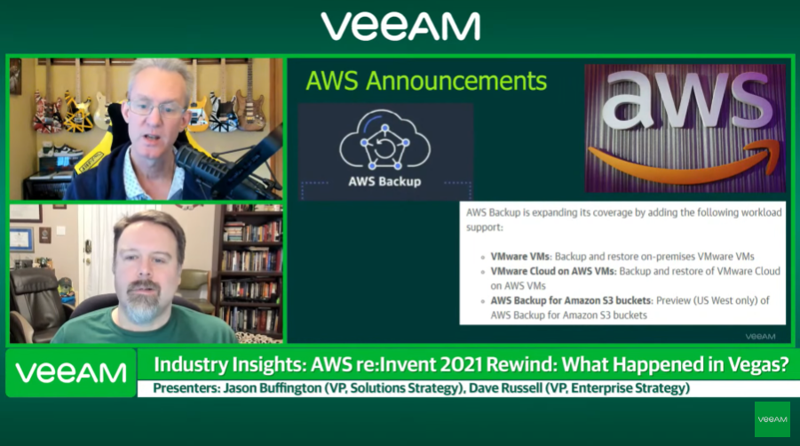 Обзор отрасли Эпизод 74: AWS re: Изобретите перемотку назад - Что произошло в Вегасе? AWS re:Invent провела свою 10-ю конференцию, вернувшись в Лас-Вегас в качестве гибридного, живого и виртуального мероприятия. Джейсон Баффингтон и Дэйв Рассел рассказывают о том, на что было похоже возвращение на живое мероприятие, освещают объявления и наблюдения поставщиков резервных копий, а также рассказывают о будущем облака. Veeam Software