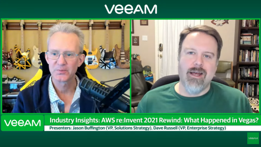 Обзор отрасли Эпизод 74: AWS re: Изобретите перемотку назад - Что произошло в Вегасе? AWS re:Invent провела свою 10-ю конференцию, вернувшись в Лас-Вегас в качестве гибридного, живого и виртуального мероприятия. Джейсон Баффингтон и Дэйв Рассел рассказывают о том, на что было похоже возвращение на живое мероприятие, освещают объявления и наблюдения поставщиков резервных копий, а также рассказывают о будущем облака. Veeam Software