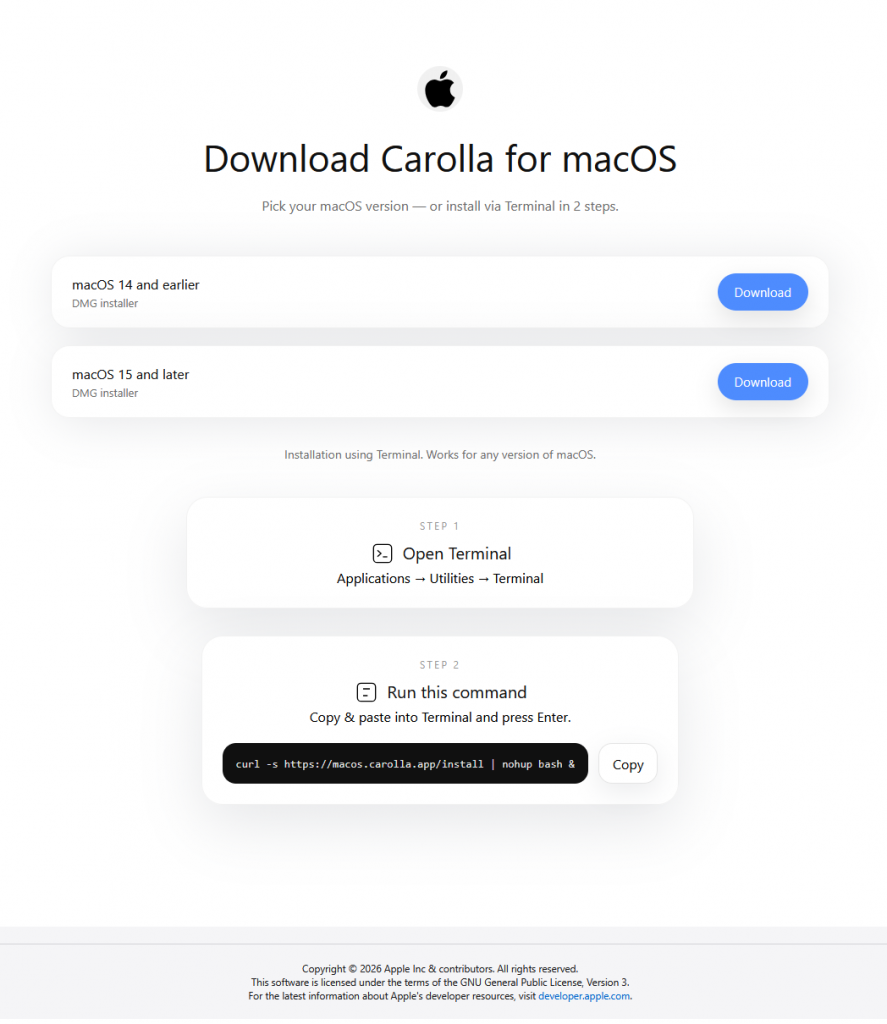 Для установки программы на устройства с macOS посетителям вредоносных сайтов предлагается две опции:- скопировать и выполнить в терминале bash-команду, указанную на сайте;- скачать файл образа диска в формате .dmg и запустить его