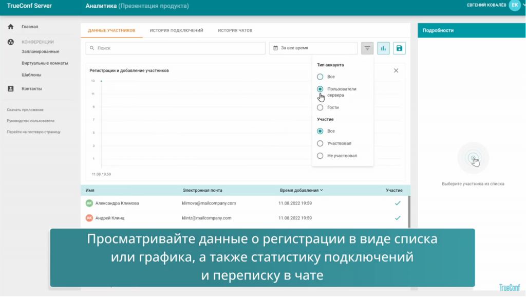 Организация вебинаров на платформе TrueConf Server. Проводите вебинары с полноценным сбором информации и верификацией пользователей на платформе TrueConf Server 5.2 — новой версии нашей ВКС-системы. Для участия в вебинаре достаточно заполнить форму для регистрации, после чего на указанный адрес электронной почты придет письмо с персональной ссылкой для входа в конференцию и описанием предстоящего мероприятия. ВКС-система, TrueConf Server 5.2, Купить TrueConf Server, Купить TrueConf Enterprise, TrueConf MCU, TrueConf Online, Купить Сервер ВКС