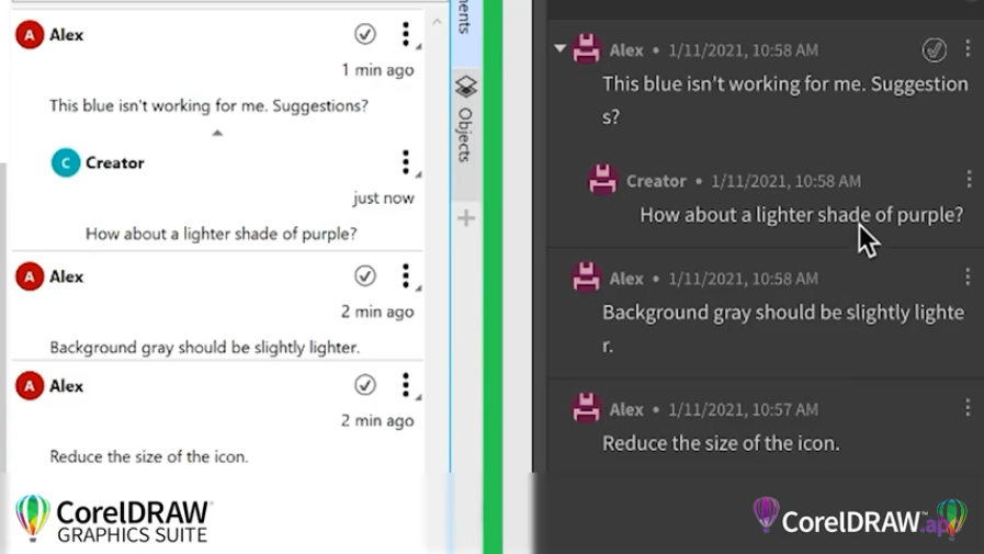 Живые комментарии | CorelDRAW для Windows. Собирайте отзывы в режиме реального времени - прямо в файле дизайна CorelDRAW - с живыми комментариями и аннотациями.