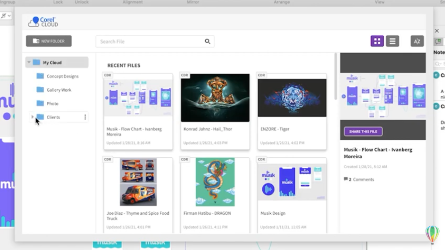 Dashboard | CorelDRAW для Mac. С помощью новой панели мониторинга проекта теперь вы можете интуитивно организовывать, хранить и делиться своими облачными файлами CorelDRAW. 