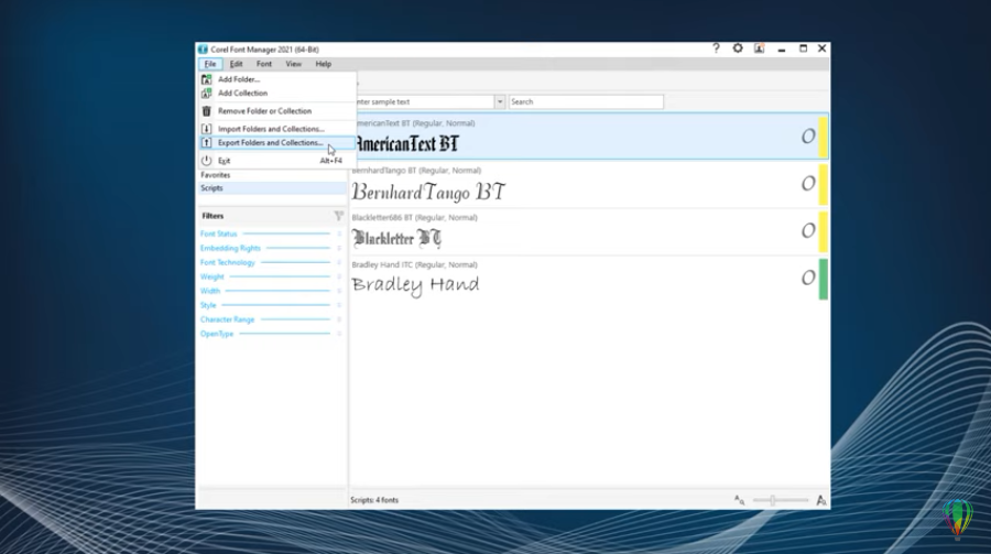 Как импортировать шрифтовые базы данных | Corel Font Manager. Научитесь сохранять структурную целостность ваших шрифтовых коллекций посредством экспорта шрифтовых баз данных с помощью приложения Corel Font Manager, которое позволяет решать задачи поиска, фильтрации и систематизации шрифтов. Corel, Купить CorelDRAW Graphics Suite, Corel Font Manager